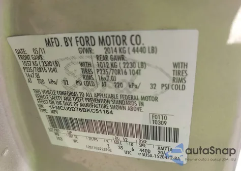 2011 Ford Escape Xlt from USA, damaged, VIN 1FMCU0D76BKC51164